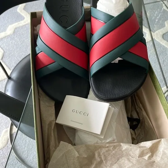 Gucci Red and Green Crisscross Slides with Box and Bags for each Slide