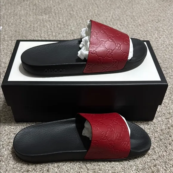 Gucci Red Embossed Slides