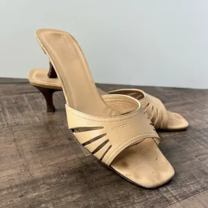 GUCCI TAN LEATHER KITTEN HEEL SLIDE SANDALS MULES SIZE 9