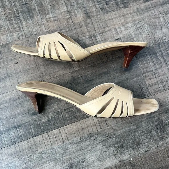 GUCCI TAN LEATHER KITTEN HEEL SLIDE SANDALS MULES SIZE 9