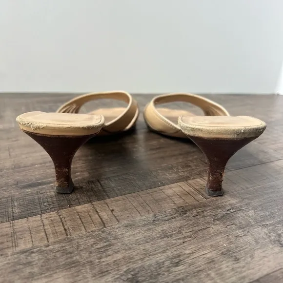 GUCCI TAN LEATHER KITTEN HEEL SLIDE SANDALS MULES SIZE 9
