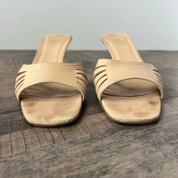 GUCCI TAN LEATHER KITTEN HEEL SLIDE SANDALS MULES SIZE 9