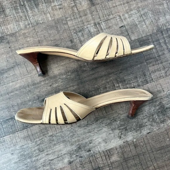 GUCCI TAN LEATHER KITTEN HEEL SLIDE SANDALS MULES SIZE 9