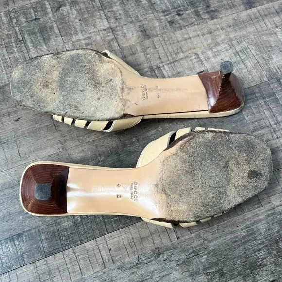GUCCI TAN LEATHER KITTEN HEEL SLIDE SANDALS MULES SIZE 9