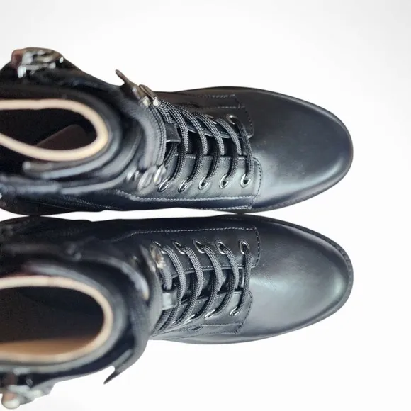 Guess Black Combat Boots Side Zip Lace Up Lug Sole‎ Ankle Boots 7.5 New in Box