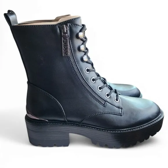 Guess Black Combat Boots Side Zip Lace Up Lug Sole‎ Ankle Boots 7.5 New in Box