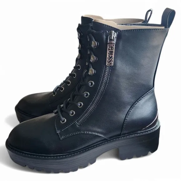 Guess Black Combat Boots Side Zip Lace Up Lug Sole‎ Ankle Boots 7.5 New in Box