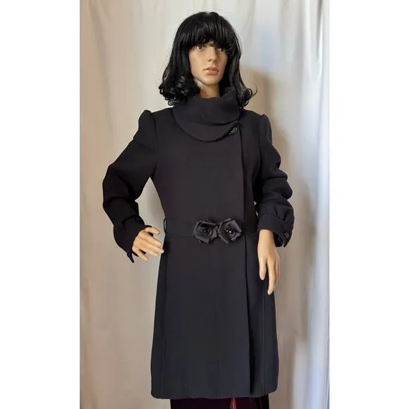 H&amp;M Black dress coat rounded fold over collar with flower belt 12