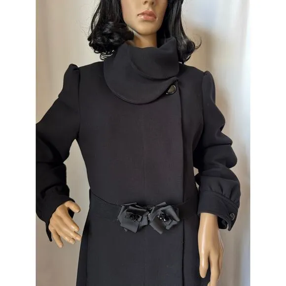 H&amp;M Black dress coat rounded fold over collar with flower belt 12