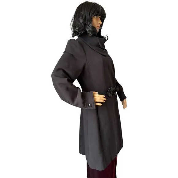 H&amp;M Black dress coat rounded fold over collar with flower belt 12