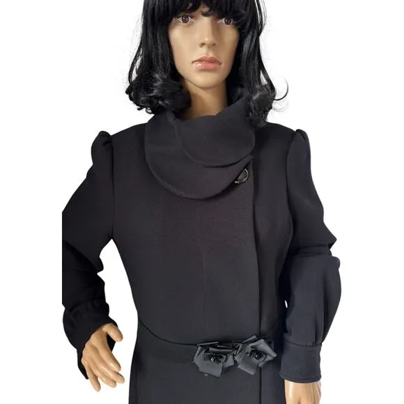 H&amp;M Black dress coat rounded fold over collar with flower belt 12