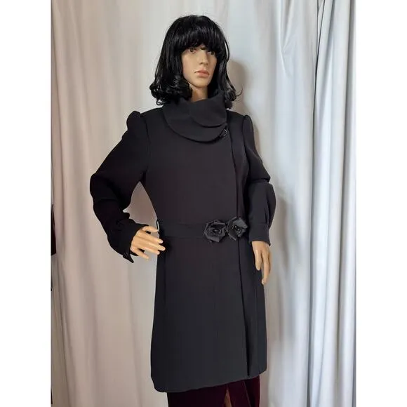 H&amp;M Black dress coat rounded fold over collar with flower belt 12