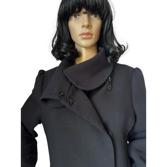 H&amp;M Black dress coat rounded fold over collar with flower belt 12