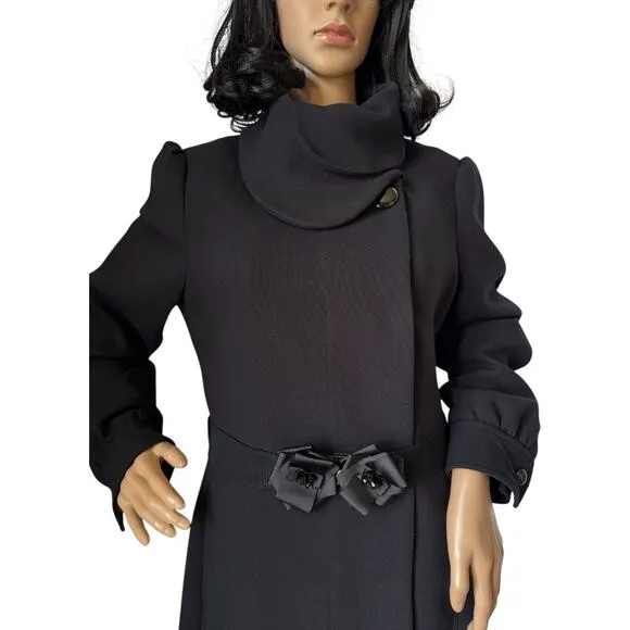 H&amp;M Black dress coat rounded fold over collar with flower belt 12
