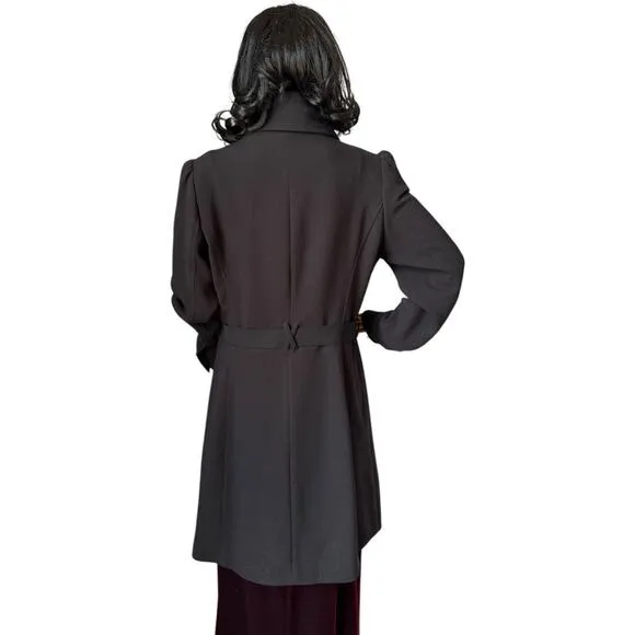 H&amp;M Black dress coat rounded fold over collar with flower belt 12