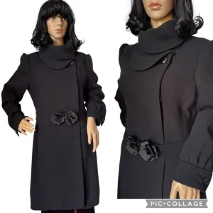 H&amp;M Black dress coat rounded fold over collar with flower belt 12