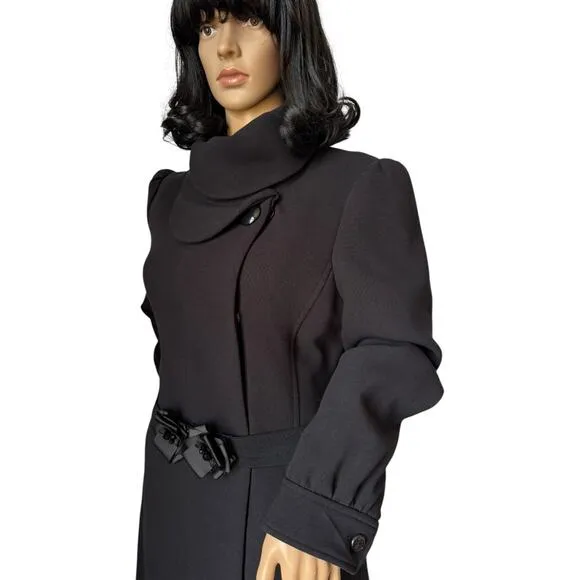 H&amp;M Black dress coat rounded fold over collar with flower belt 12