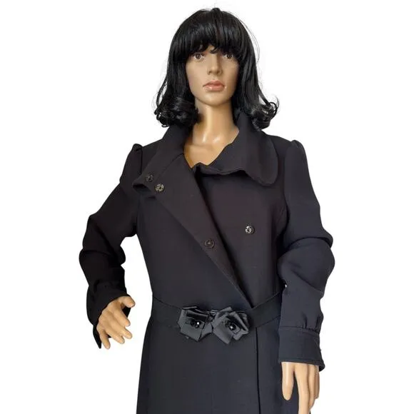 H&amp;M Black dress coat rounded fold over collar with flower belt 12