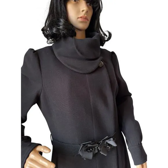 H&amp;M Black dress coat rounded fold over collar with flower belt 12