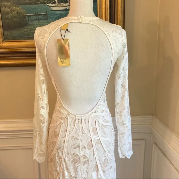 H&amp;M Cream Lace Open Back Long Sleeve Maxi Dress NWT