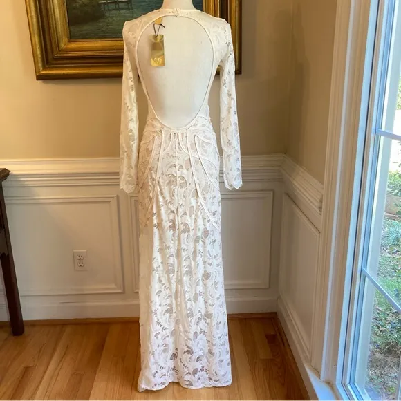H&amp;M Cream Lace Open Back Long Sleeve Maxi Dress NWT