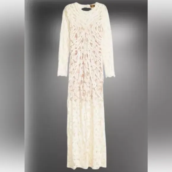 H&amp;M Cream Lace Open Back Long Sleeve Maxi Dress NWT
