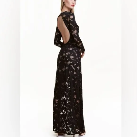 H&amp;M Cream Lace Open Back Long Sleeve Maxi Dress NWT
