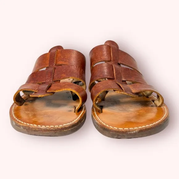 HANDMADE Melissinos Greek Caesar Brown Leather Slide Sandals Men's Size 11.5