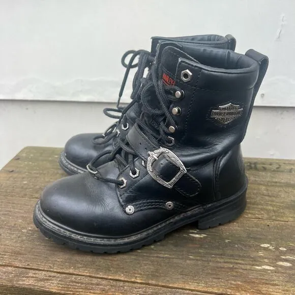 Harley Davidson Black Moto Biker Lace Up Buckle Boots 81003 Size 6 1/2