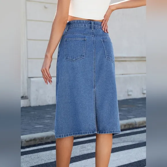 High-Rise Waist Blue Jean Knee Midi Back Slit Slim Fit Long Pencil Demin Skirt