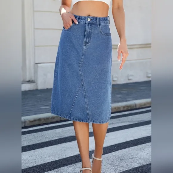High-Rise Waist Blue Jean Knee Midi Back Slit Slim Fit Long Pencil Demin Skirt