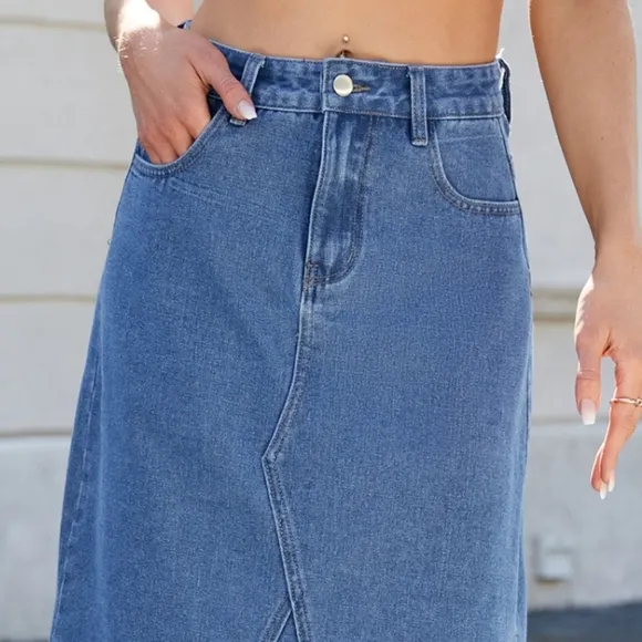 High-Rise Waist Blue Jean Knee Midi Back Slit Slim Fit Long Pencil Demin Skirt