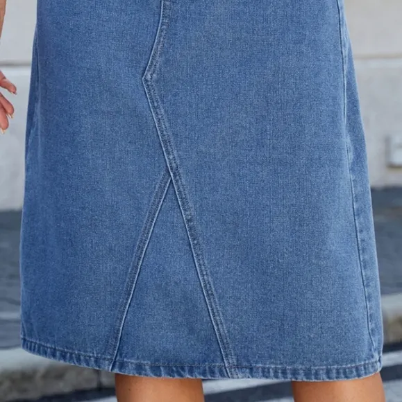 High-Rise Waist Blue Jean Knee Midi Back Slit Slim Fit Long Pencil Demin Skirt