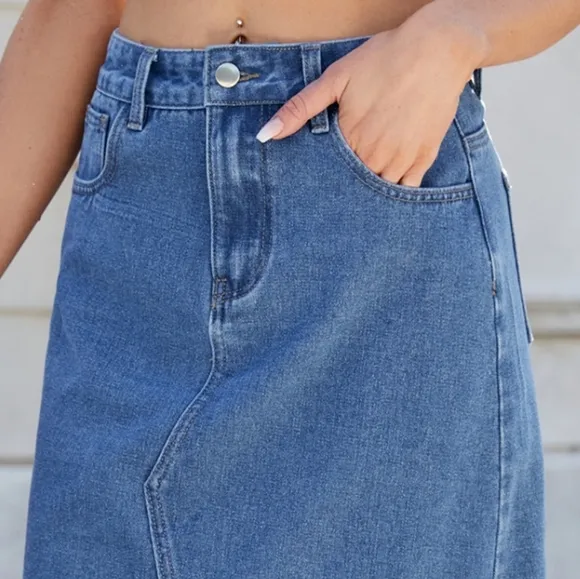 High-Rise Waist Blue Jean Knee Midi Back Slit Slim Fit Long Pencil Demin Skirt
