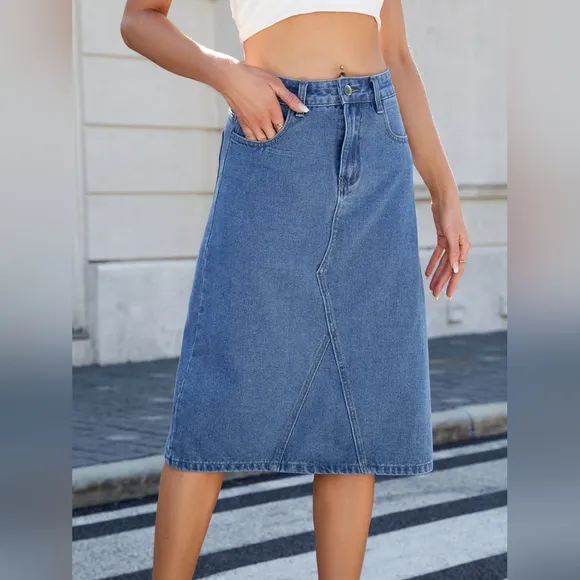 High-Rise Waist Blue Jean Knee Midi Back Slit Slim Fit Long Pencil Demin Skirt