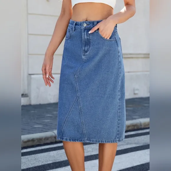 High-Rise Waist Blue Jean Knee Midi Back Slit Slim Fit Long Pencil Demin Skirt
