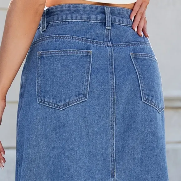 High-Rise Waist Blue Jean Knee Midi Back Slit Slim Fit Long Pencil Demin Skirt