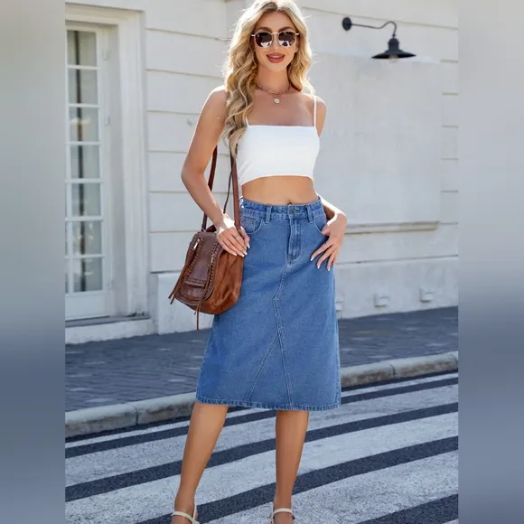 High-Rise Waist Blue Jean Knee Midi Back Slit Slim Fit Long Pencil Demin Skirt