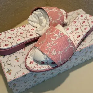 Hill House Womens 10.5 Sandals Summer Slide Embroidered Leather Linen Pink New