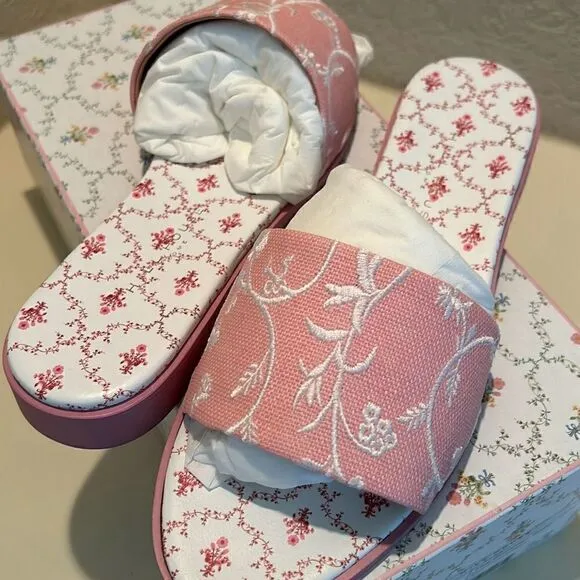 Hill House Womens 10.5 Sandals Summer Slide Embroidered Leather Linen Pink New