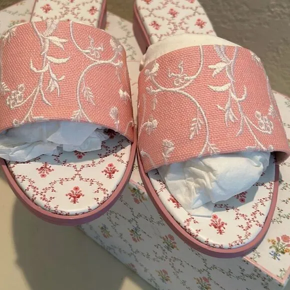 Hill House Womens 10.5 Sandals Summer Slide Embroidered Leather Linen Pink New
