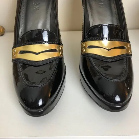 Hogan Black Patent Gold Detail Heeled Loafers