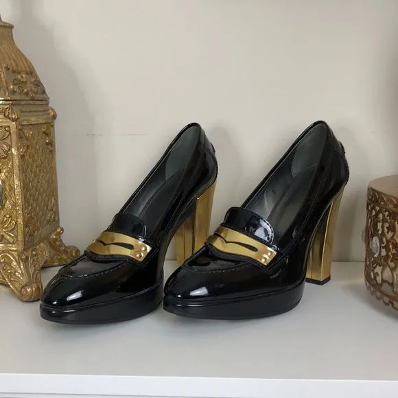 Hogan Black Patent Gold Detail Heeled Loafers