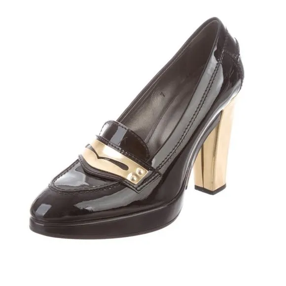 Hogan Black Patent Gold Detail Heeled Loafers