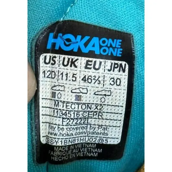Hoka One One Tecton X 2 Sneakers Men 12D Teal Blue Running Trail Race Outdoor
