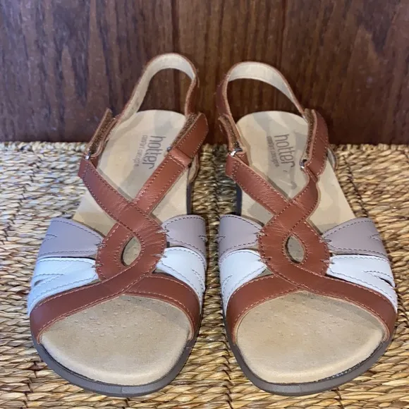 Hotter Leather Brown/Gray/White Flare Sandals