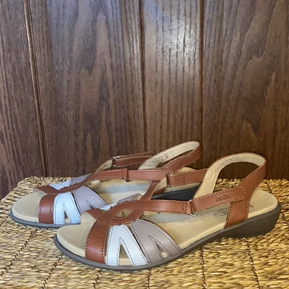 Hotter Leather Brown/Gray/White Flare Sandals