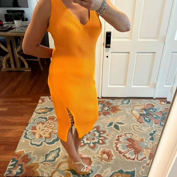 HOUSE OF HARLOW 1960 Ribbed Knit Midi Dress with Side Slit Ring Detail
