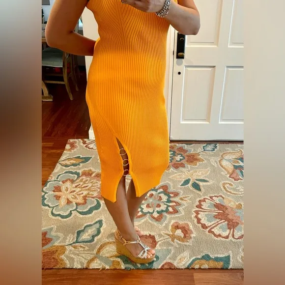 HOUSE OF HARLOW 1960 Ribbed Knit Midi Dress with Side Slit Ring Detail
