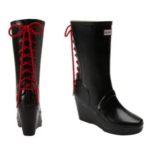 Hunter - Verbier High Gloss Black Wedge Red Lace-Up Rain Boots